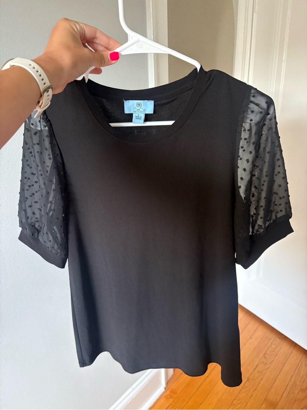 Black Dot Mesh Short Sleeve Blouse